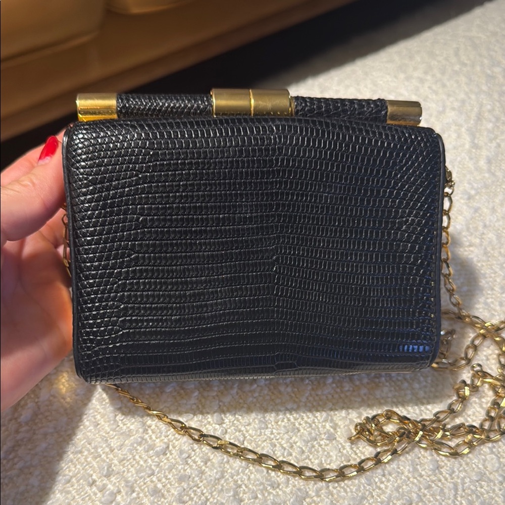 Tylor Ellis ,Black and Gold Crocodile Embossed Clutch with Chain Strap